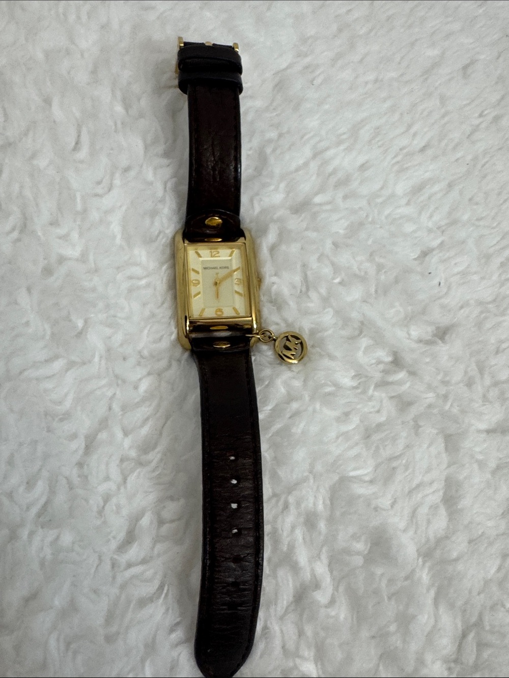 Michael Kors Gold Tone Rectangular Face Watch with Brown Leather Strap